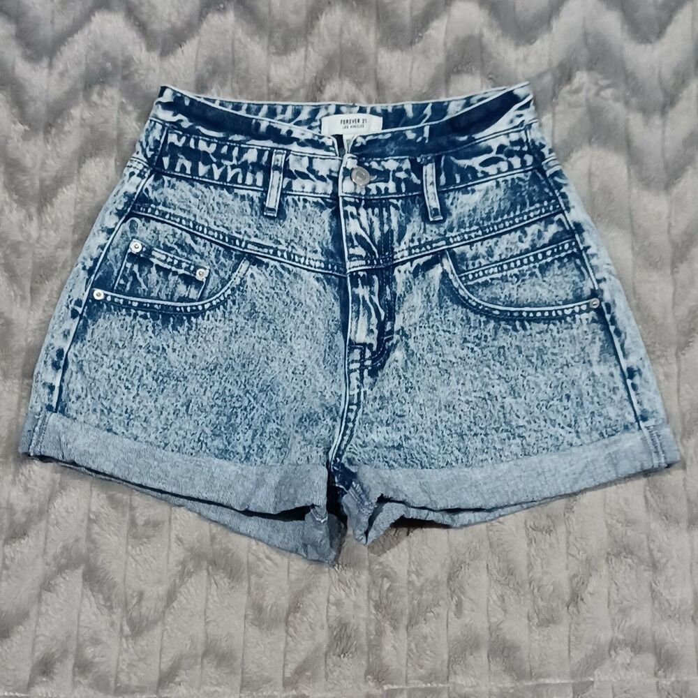 Forever 21 Womens Size 25 Blue High Waisted Cuffed Denim Jean Shorts